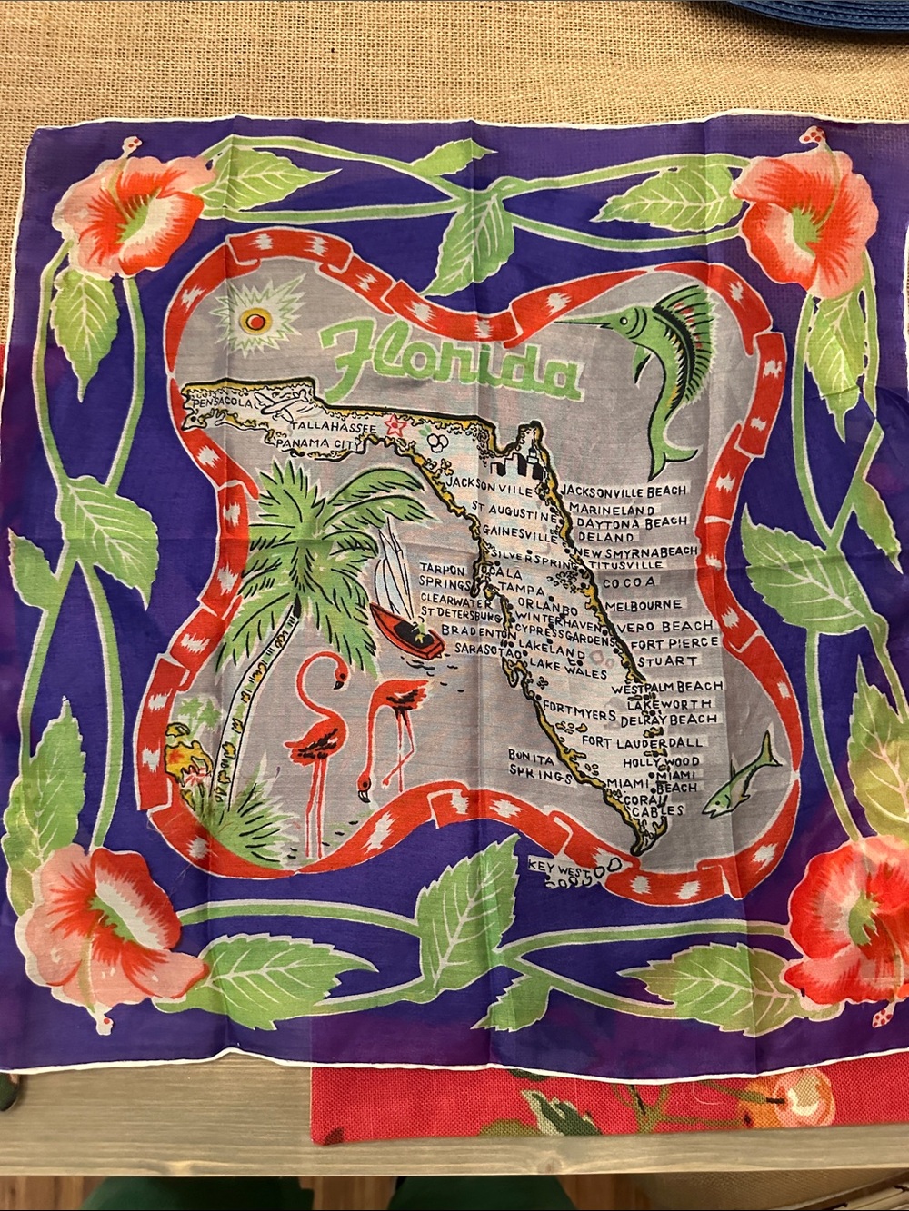 Vintage Florida Souvenir Scarf with Flamingo & Map Design